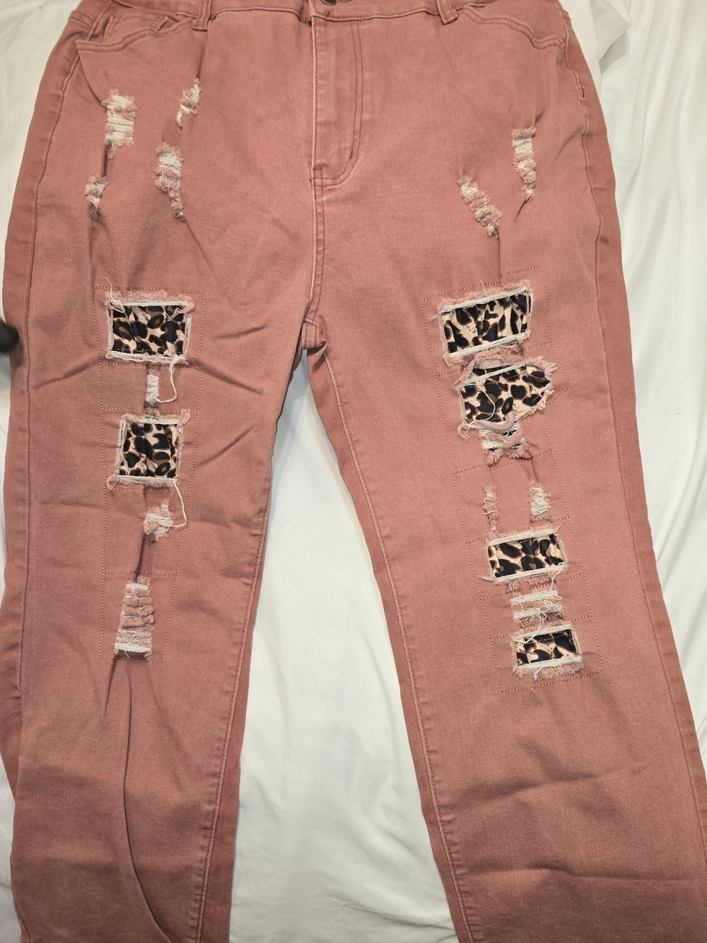 Women's Distressed Rusty Pink Jeans with Leopard Patch Detail